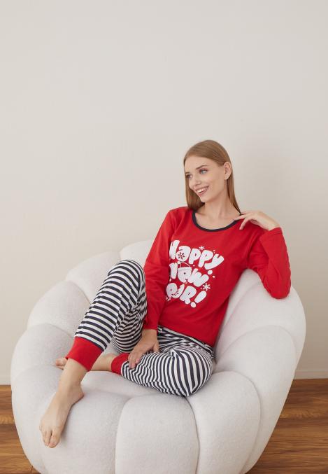 Pijama Dama Craciun "HAPPY NEW YEAR " ,maneca lunga ,pantaloni lungi,Engros